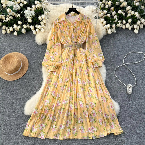 Load image into Gallery viewer, French Retro Romantic Women's Flower Lantern Long Sleeved Pleated Shirt Dress Autumn Print Birthday Party Evening Dress Bohemian
