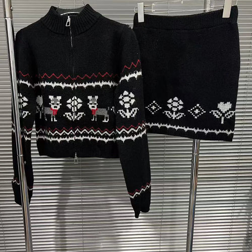 Load image into Gallery viewer, Slimming Knit Two Piece Sets for Women O Neck Long Sleeves Spliced Zipper Sweater High Waist Mini Skirt Set Female
