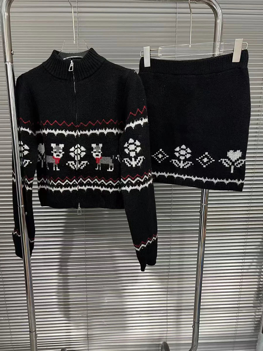 Slimming Knit Two Piece Sets for Women O Neck Long Sleeves Spliced Zipper Sweater High Waist Mini Skirt Set Female