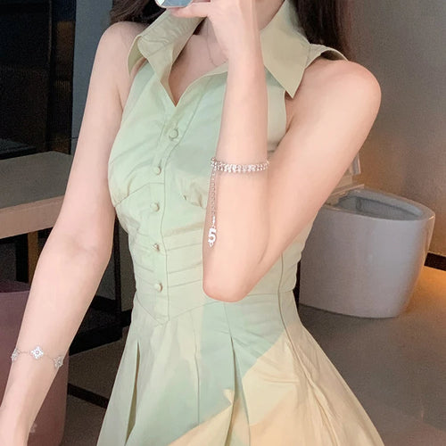 Load image into Gallery viewer, Green Sleeveless Polo Shirt Dresses Summer Solid Color Slim Waist Button Fashion Female Dress Vacation Casual Streetwear
