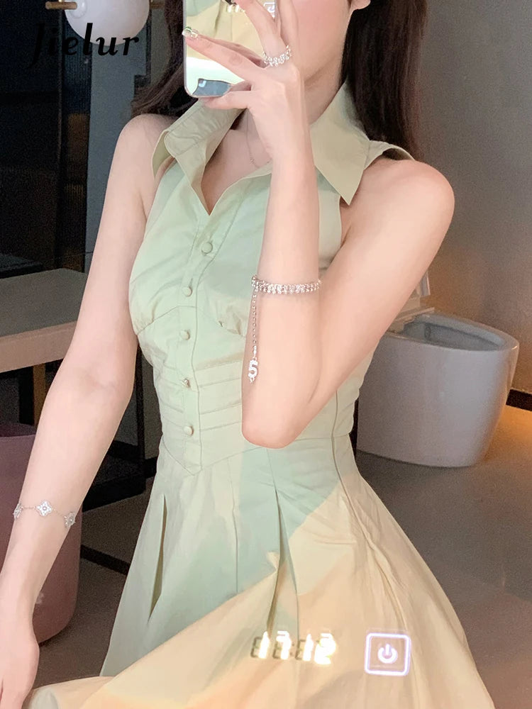 Green Sleeveless Polo Shirt Dresses Summer Solid Color Slim Waist Button Fashion Female Dress Vacation Casual Streetwear