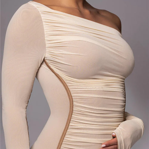 Load image into Gallery viewer, Diagonal Collar Long Sleeve Midi Dress For Women Two Layer Mesh Backless Ruched Bodycon Club Party Sexy Long Dress
