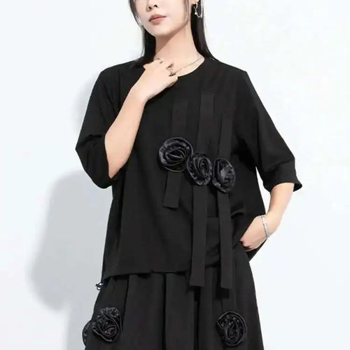Load image into Gallery viewer, Women Black Flower Ribbons Big Size Casual T-shirt New Round Neck Short Sleeve Fashion Tide Spring Summer 2025 1DH5980
