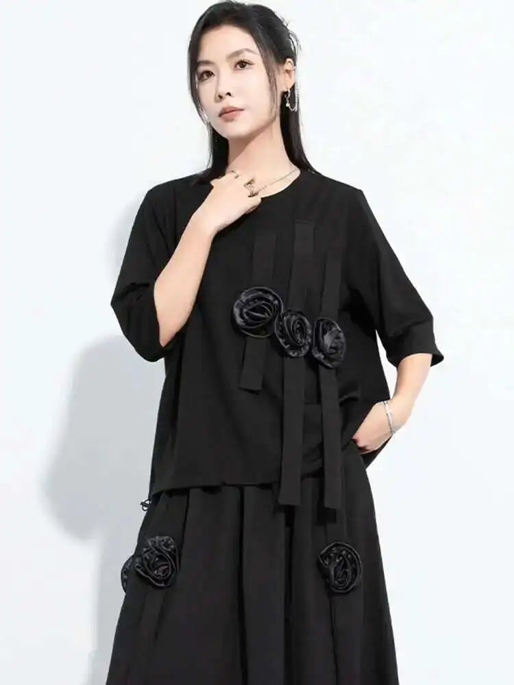 Women Black Flower Ribbons Big Size Casual T-shirt New Round Neck Short Sleeve Fashion Tide Spring Summer 2025 1DH5980