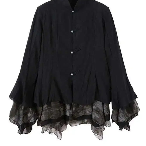 Load image into Gallery viewer, Women Black Mesh Printed Irregular Blouse New Stand Collar Long Sleeve Loose Fit Shirt Fashion Spring Autumn 2025 1DF6824
