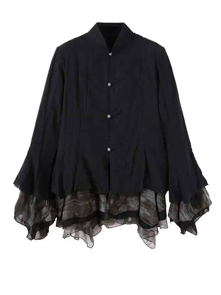 Women Black Mesh Printed Irregular Blouse New Stand Collar Long Sleeve Loose Fit Shirt Fashion Spring Autumn 2025 1DF6824