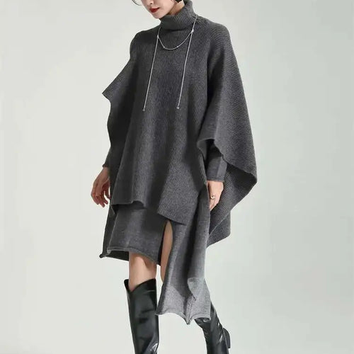 Load image into Gallery viewer, Women Gray Irregular Design Knitting Dress New Turtleneck Long Sleeve Loose Fit Fashion Tide Spring Autumn 2025 1DF2618

