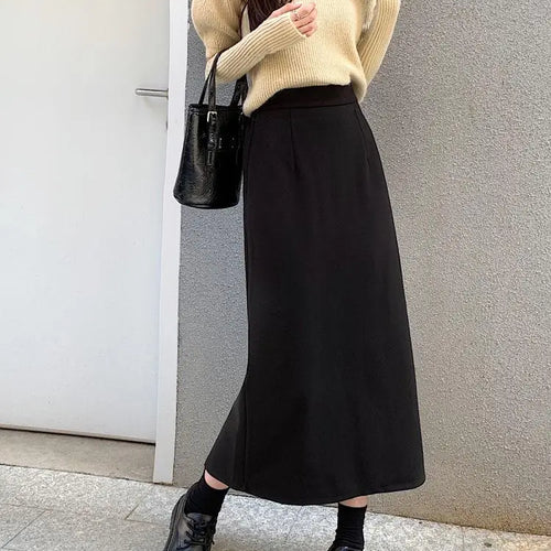 Load image into Gallery viewer, Autumn Brown Woolen Straight Long Skirts Women Black Casual Elegant Females Warm A-line Elastic High Waist Skirt Korean Fashion
