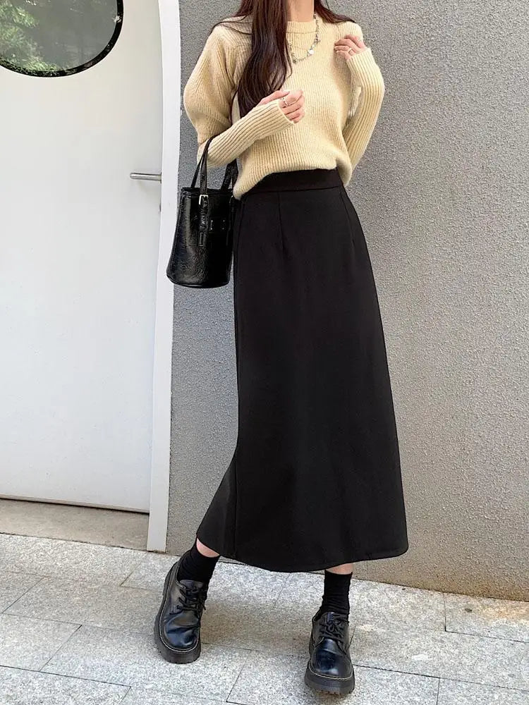 Autumn Brown Woolen Straight Long Skirts Women Black Casual Elegant Females Warm A-line Elastic High Waist Skirt Korean Fashion