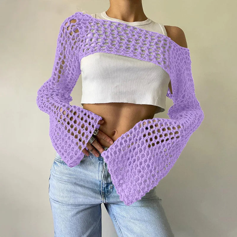 New Harajuku Grunge Solid Slash Neck Women Crop Pullovers Y2k Aesthetic Knitted Sexy Sweaters Streetwear Hollow Out Autumn Tops