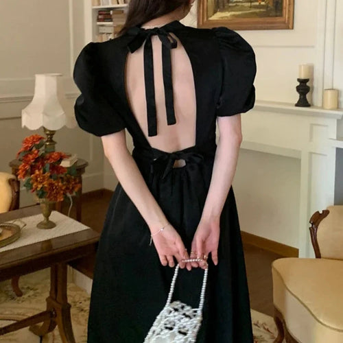 Load image into Gallery viewer, Chiffon Slim Waist Back Hollow Out Dress Lady Korean Fashion Puff Sleeve Dresses Women Summer Elegant Lace-up Midi Dress
