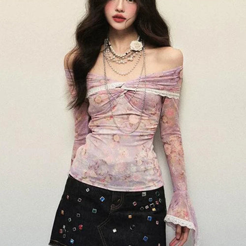 Load image into Gallery viewer, Sexy Lace Patchwork Slash Neck Gauze Tshirts Women Y2k Aesthetic Bottoming Grunge Tops Harajuku Vintage Fairy Print Pleated Tees
