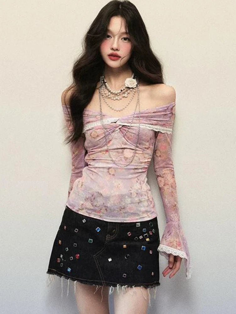 Sexy Lace Patchwork Slash Neck Gauze Tshirts Women Y2k Aesthetic Bottoming Grunge Tops Harajuku Vintage Fairy Print Pleated Tees