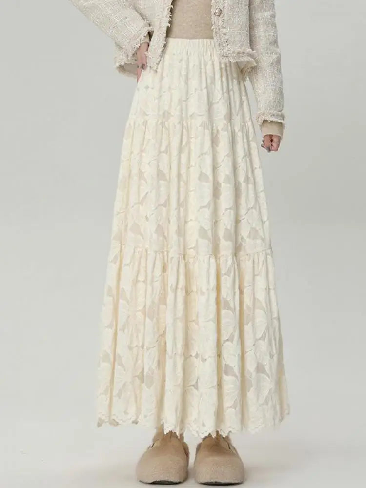 French Women Solid Velvet Lace Elegant Vacation Pleated Long Skirt 2024 Autumn Winter New High Waist Party Skirt Fashion Popular