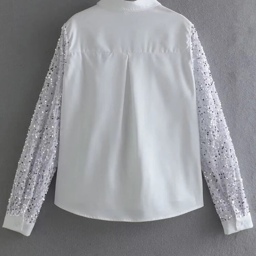 Load image into Gallery viewer, Minimalist Shirts For Women Lapel Long Sleeve Spliced Sequins Summer Casual Loose Blouse Female Fashion Clothes
