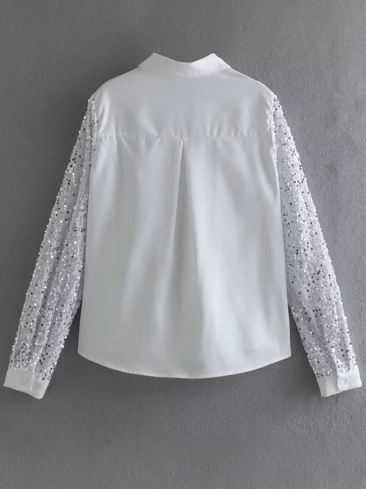 Minimalist Shirts For Women Lapel Long Sleeve Spliced Sequins Summer Casual Loose Blouse Female Fashion Clothes