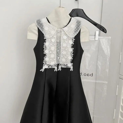 Load image into Gallery viewer, French 2025 Women Black Patchwork Lace Elegant Sleeveless Button High Waist Short Vest Dress Summer Birthday Party Mini Dresses
