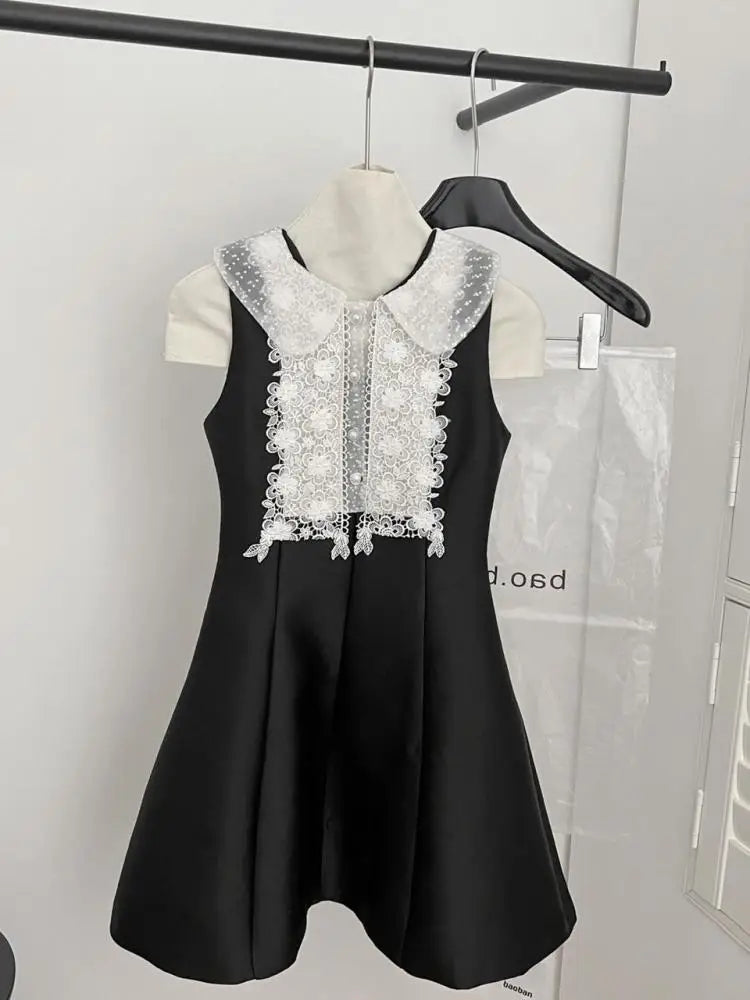 French 2025 Women Black Patchwork Lace Elegant Sleeveless Button High Waist Short Vest Dress Summer Birthday Party Mini Dresses