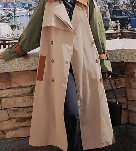 Women Khaki Color-block Belted Big Size Trench New Lapel Long Sleeve Windbreaker Fashion Tide Spring Autumn 2025 2DA1718
