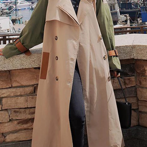 Load image into Gallery viewer, Women Khaki Color-block Belted Big Size Trench New Lapel Long Sleeve Windbreaker Fashion Tide Spring Autumn 2025 2DA1718
