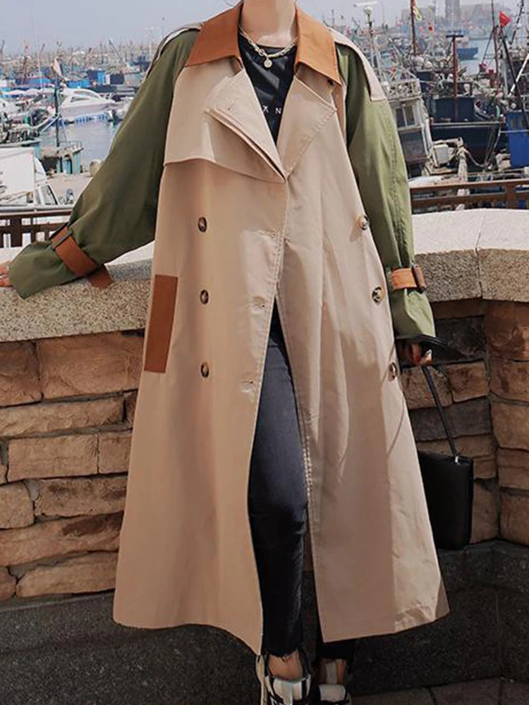 Women Khaki Color-block Belted Big Size Trench New Lapel Long Sleeve Windbreaker Fashion Tide Spring Autumn 2025 2DA1718
