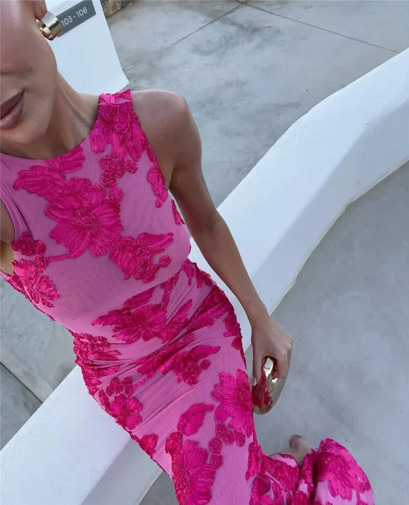 Elegant Floral Print Sexy Maxi Dress For Women Embroidered Applique Tank Dress Femme Bodycon Club Party Long Dress
