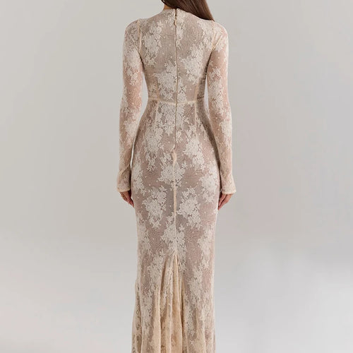 Load image into Gallery viewer, Lace Print Long Sleeve Sexy Maxi Dress For Women White Zipper Half High Collar Bodycon Fashion Elegant Long Dress
