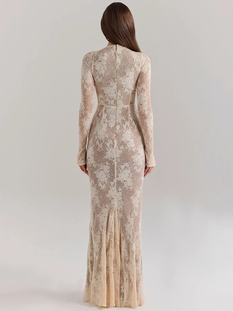 Lace Print Long Sleeve Sexy Maxi Dress For Women White Zipper Half High Collar Bodycon Fashion Elegant Long Dress