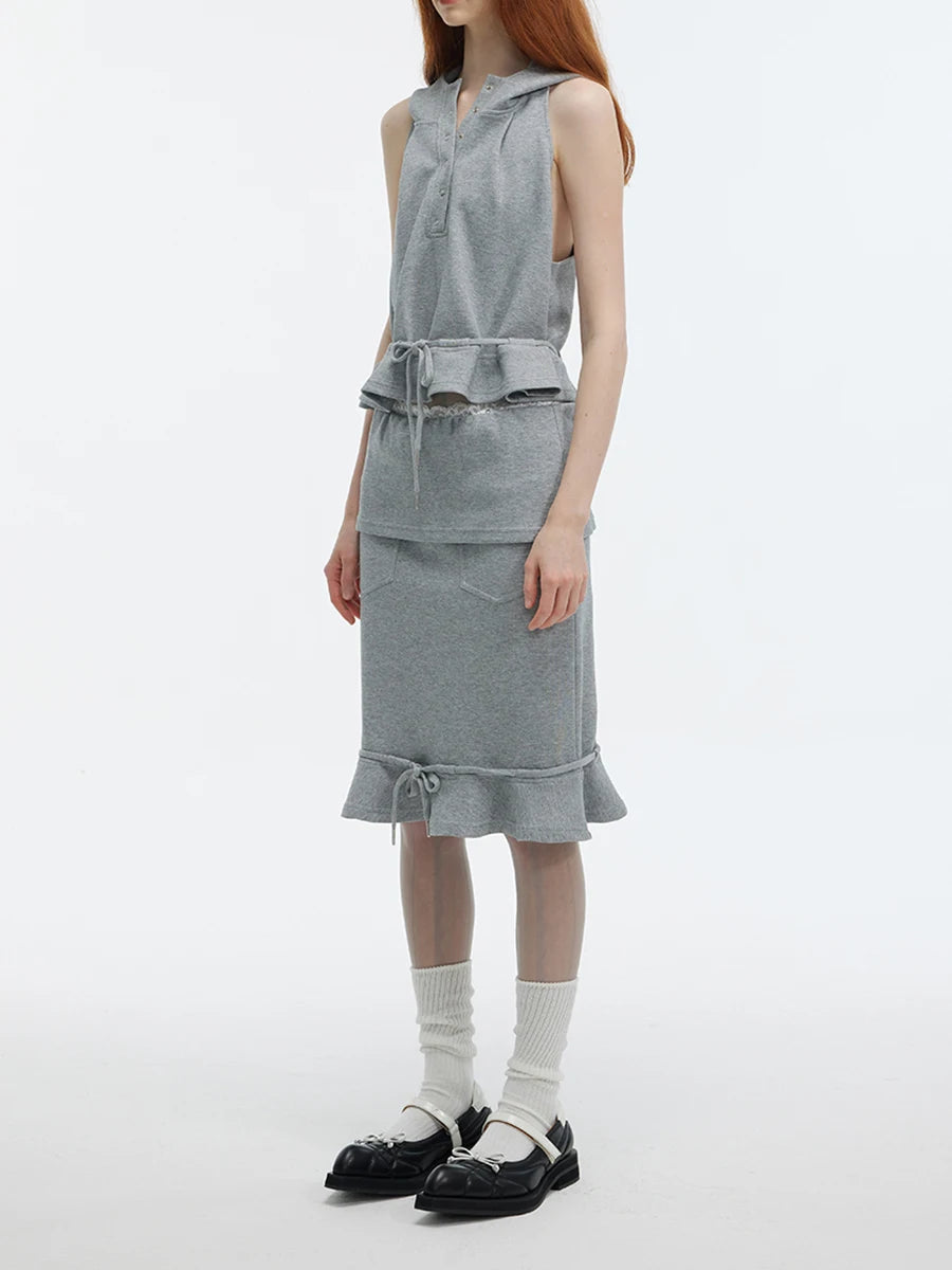 Solid Spliced Lace Up Two Piece Set For Women Hooded Sleeveless Top High Waist Temperament Skirts Female Fashion