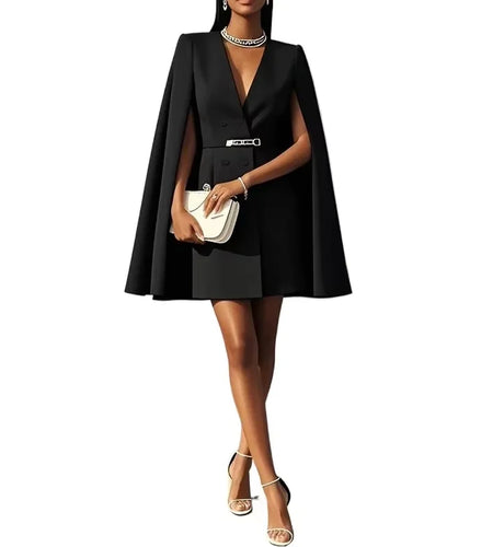 Women Split-joint Cape Mini Dress Summer Fall Office Lady Urban V-neck Birthday Prom Short Dresses with Tied Waist