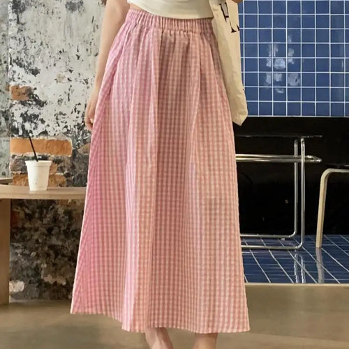 Load image into Gallery viewer, Korean Women Blue Pink Black Plaid Elastic High Waist Skirt Summer Holiday A-line Pleated Long Skirts Casual Streetwear Popular
