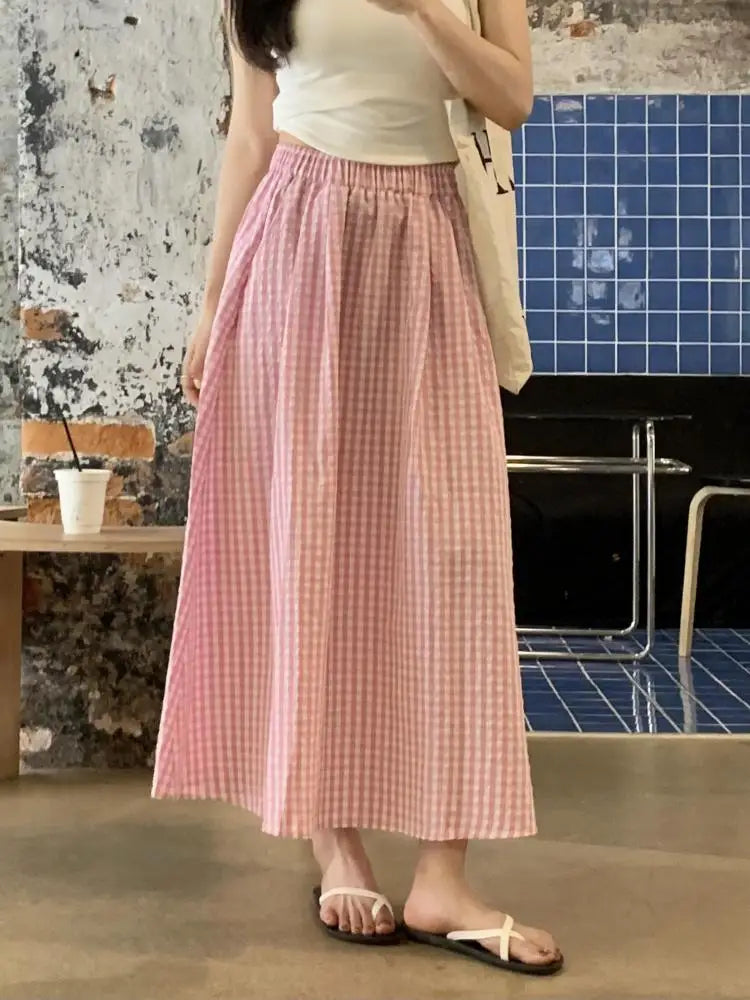 Korean Women Blue Pink Black Plaid Elastic High Waist Skirt Summer Holiday A-line Pleated Long Skirts Casual Streetwear Popular