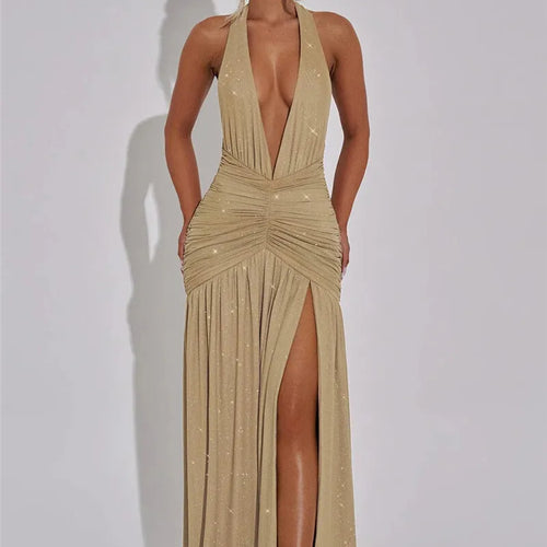 Load image into Gallery viewer, Glitter Deep V Neck Sexy Maxi Dress For Women 2025 Fashion Sparkle Halter Sleeveless Backless Split Club Long Dress
