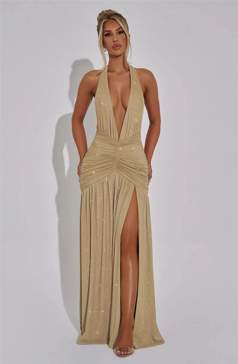 Glitter Deep V Neck Sexy Maxi Dress For Women 2025 Fashion Sparkle Halter Sleeveless Backless Split Club Long Dress