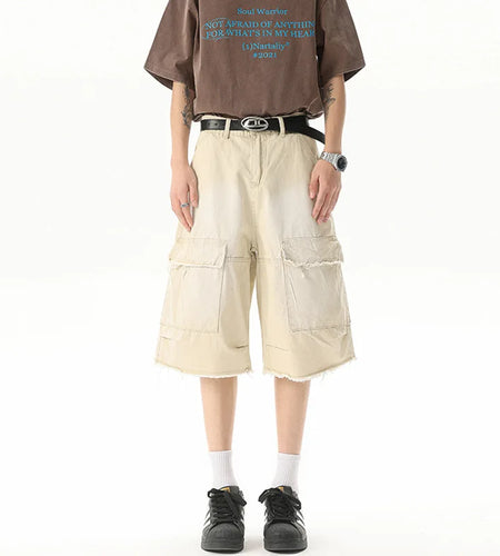 Men's Summer Shorts Solid Color Multi Pockets Trendy Cargo Wear Loose Silhouette Straight Leg Male Bottoms New 9W1326