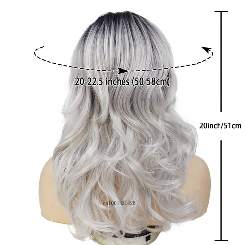 Load image into Gallery viewer, Synthetic Fiber Long Wavy Wigs for White Women Gradient Color Black Roots Silver Grey Wigs with Side Bangs Curly Hair Wig Mother
