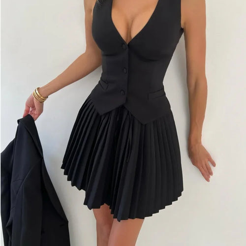 Load image into Gallery viewer, Fashion Suit Vest Pleated Short Skirt Two Piece Set Women&#39;s Slim Button Tight Set Female Summer New 2024 Street Clothing
