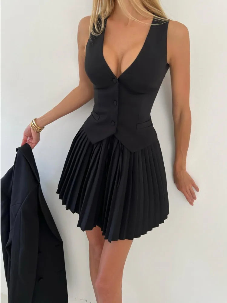 Fashion Suit Vest Pleated Short Skirt Two Piece Set Women's Slim Button Tight Set Female Summer New 2024 Street Clothing