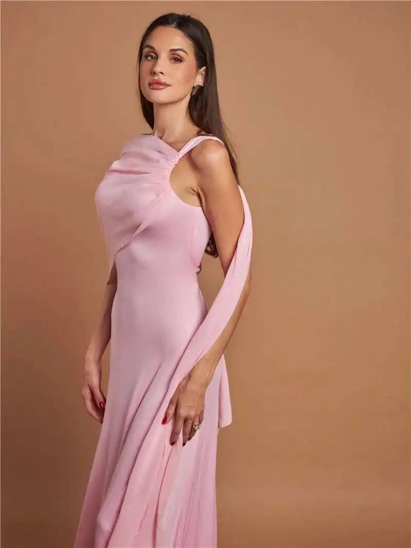 Pink Cape Sleeve Sexy Maxi Dress For Women Off-shoulder Backless Gown Elegant Skew Collar Lace-up Long Dress Vestido