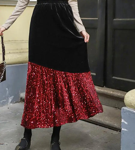 Autumn Winter French Vintage Sequin Patchwork Velvet Fishtail Long Skirts Women's 2024 Elegant High Waist Festival Skirt Street