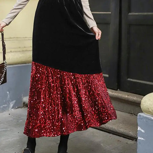 Load image into Gallery viewer, Autumn Winter French Vintage Sequin Patchwork Velvet Fishtail Long Skirts Women's 2024 Elegant High Waist Festival Skirt Street
