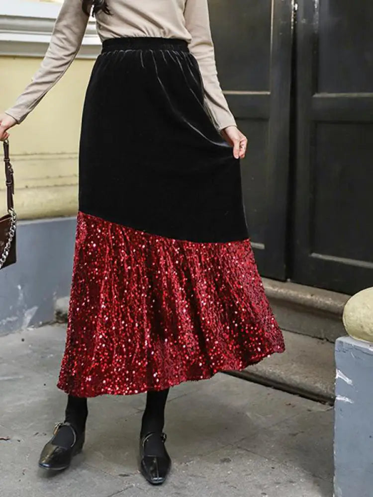 Autumn Winter French Vintage Sequin Patchwork Velvet Fishtail Long Skirts Women's 2024 Elegant High Waist Festival Skirt Street
