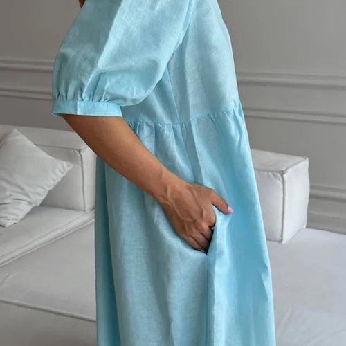 Load image into Gallery viewer, Short Puff Sleeve Maxi Dress For Women Fashion Autumn New Blue V Neck Loose Basic Casual Long Dress Elegant Gown
