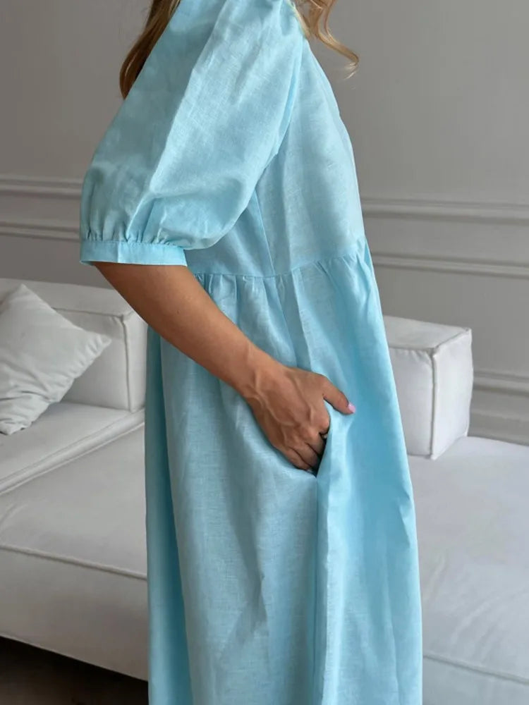 Short Puff Sleeve Maxi Dress For Women Fashion Autumn New Blue V Neck Loose Basic Casual Long Dress Elegant Gown