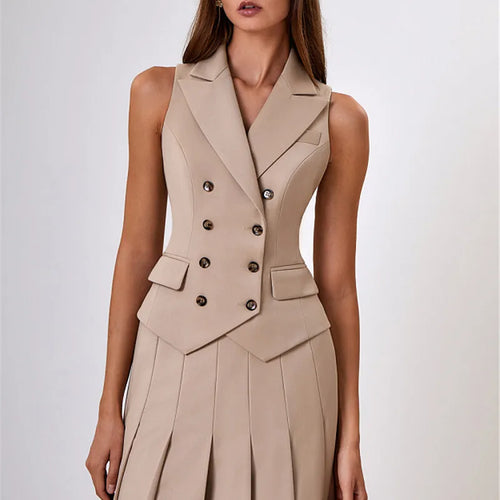 Load image into Gallery viewer, Autumn Two Piece Sets Women Double-breasted Vest And Split Skirt Matching Sets Fashion Long Pleated Skirt Two Piece Set
