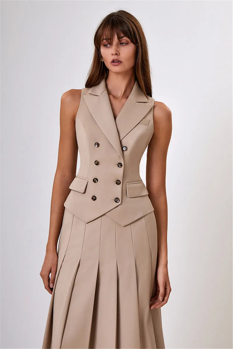 Autumn Two Piece Sets Women Double-breasted Vest And Split Skirt Matching Sets Fashion Long Pleated Skirt Two Piece Set