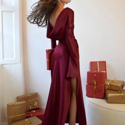 Load image into Gallery viewer, Elegant Christmas Evening Dress Women Long Sleeve Dress Bodycon Max Female Vestidos High Grade Satin Party Club Clothing

