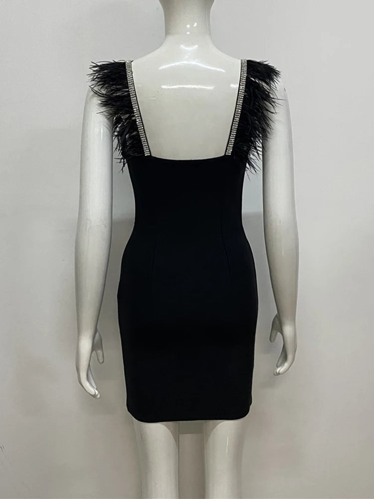 Sexy Slimming Mini Dresses For Women Squaer Collar Sleeveless High Wiast Solid Spliced Feathers Camisole Dress Female New