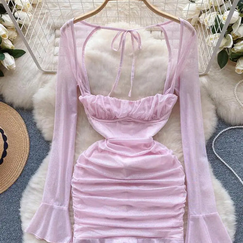 Load image into Gallery viewer, Pink Square Neck Low Cut Long Sleeve Pleated Bandage Mini Dress Women Autumn 2023 Elegant Slim Sexy Club Wrapped Hip Short Dress
