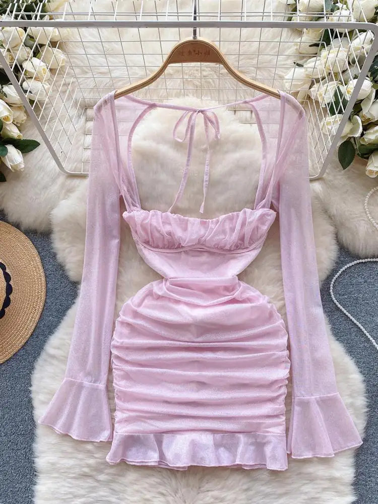 Pink Square Neck Low Cut Long Sleeve Pleated Bandage Mini Dress Women Autumn 2023 Elegant Slim Sexy Club Wrapped Hip Short Dress